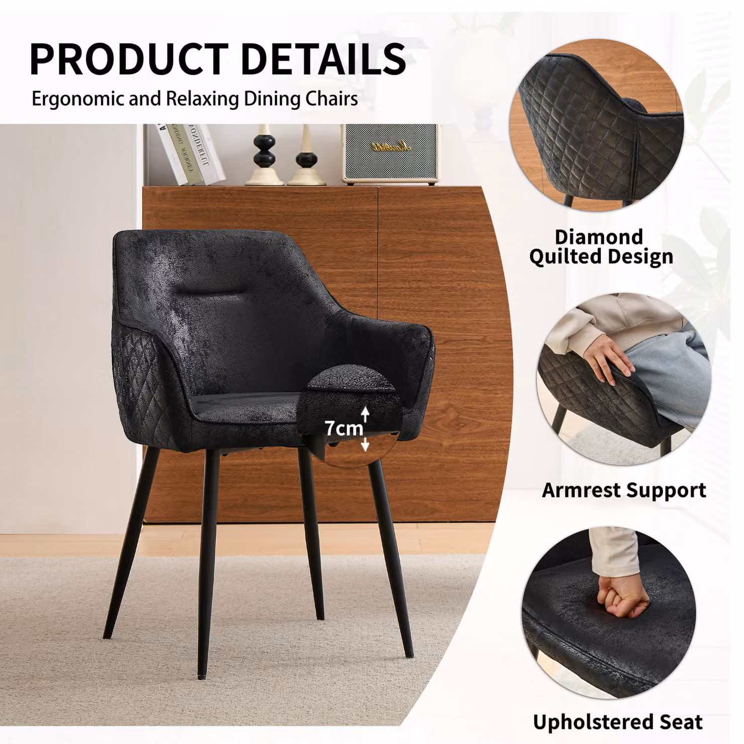 SONARA Set of 4 Modern Black Faux Suede Dining Chairs with Armrests and Metal Legs – 3