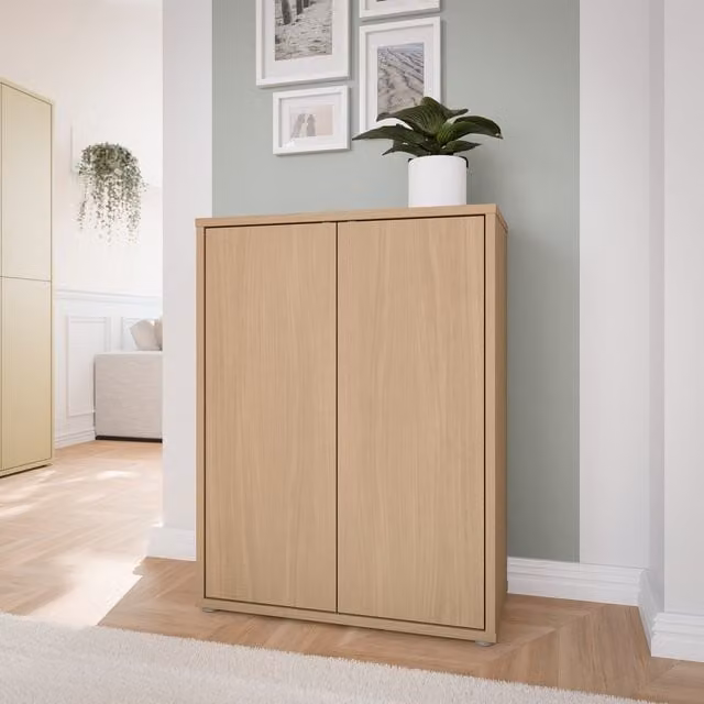 Elegancia Oak Alice Springs Shoe Cabinet with 2 Push-to-Open Doors in Butter Yellow