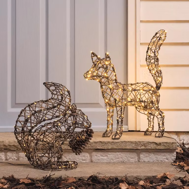 Sherwood Rattan LED Light Up Fox and Squirrel Figures in Brown