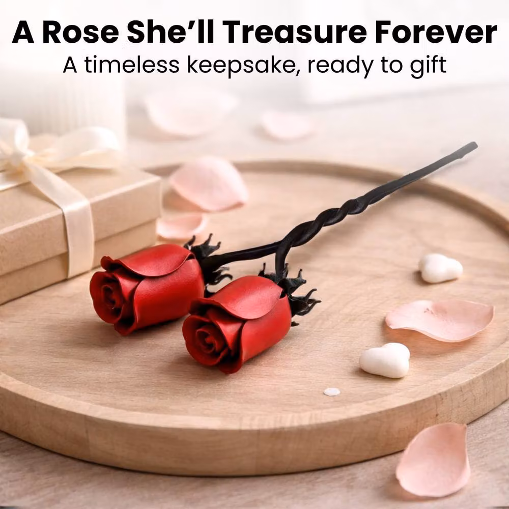 Novecrafto Hand-Forged Red Metal Iron Rose with Twisted Stem Floral Decoration – 5