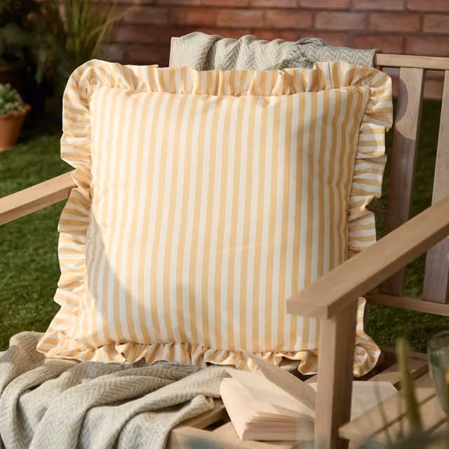 Wylder Nature Millie Ruffle Striped Outdoor Filled Cushion, Yellow, W/D/H: 50 x 50 x 50 cm