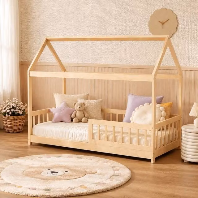 STILVORA House-Shaped Solid Pine Bed Frame with Guard Rails for Children, Natural/White/Brown, W/D/H: 90 x 190 x 165 cm