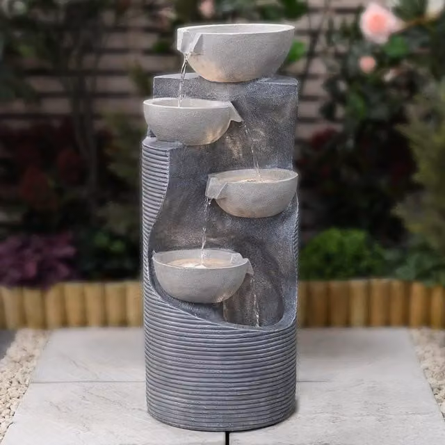Serenity Modern Four Bowl Cascading Tabletop Water Feature with LED Light in Grey