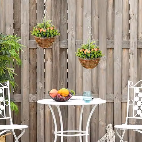 Outsunny Pack of 2 Orange Lisianthus Hanging Baskets with Realistic PE Rattan – 4