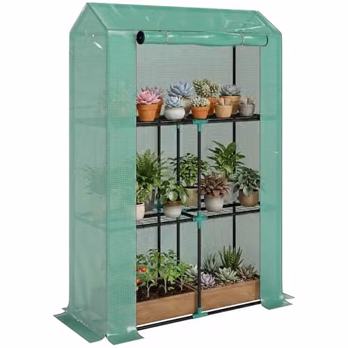 Outsunny 3 Tier Mini Greenhouse with PE Cover and Shelving, Green, W/D/H: 100 x 40 x 150 cm