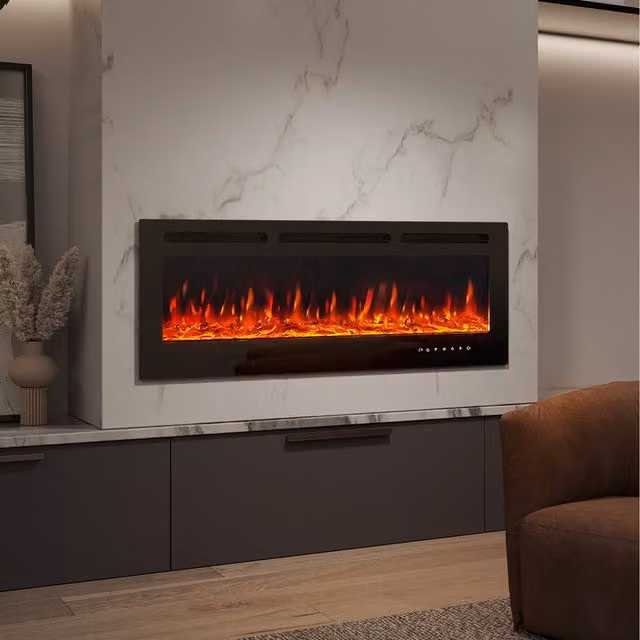 Livingandhome Recessed or Wall-Mounted Electric Fireplace with Adjustable Flame Colours in Black, W: 153 cm