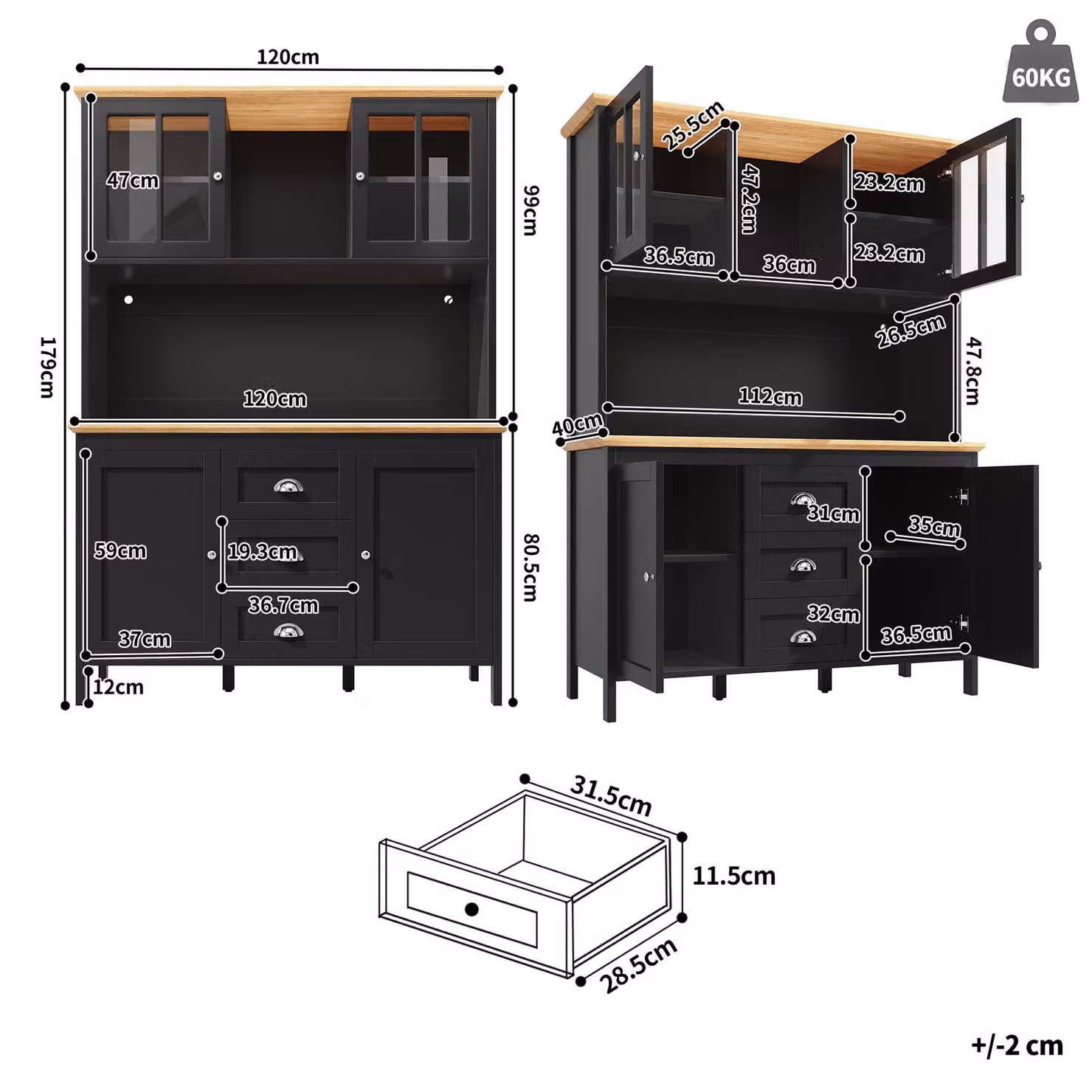 Aosom UK Tall Sideboard with 4 Doors, 3 Drawers and Open Shelf, Modern Black Storage Cabinet for Kitchen and Living Area, W: 120 cm, D: 40 cm, H: 179 cm – 3