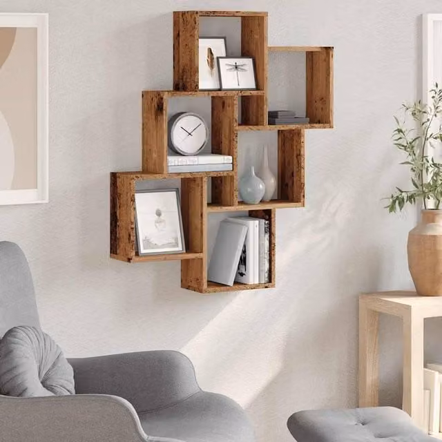 Berkfield Home Wall Cube Shelf in Old Wood Brown, W/D/H: 78 x 15 x 93 cm – 1