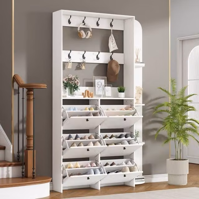 BTM White Modern Entryway Shoe Storage Cabinet and Coat Rack with Tilting Compartments and Internal Shelves W/D/H: 120 x 24 x 200 cm