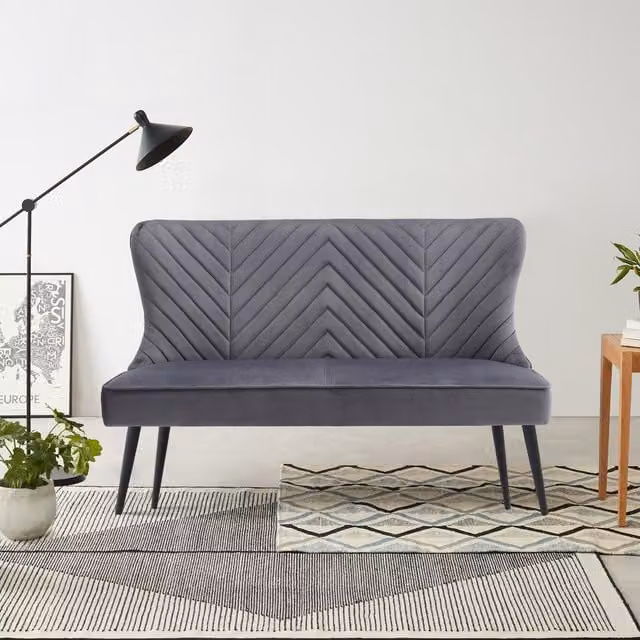 Livingandhome Grey Velvet Upholstered Double Seat Bench Sofa with Striped High Backrest and Rubberwood Frame
