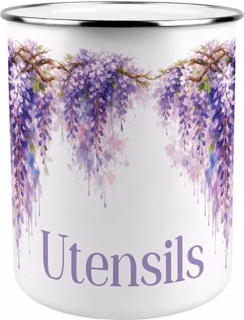 Purely Home Round Ceramic Purple Wisteria Kitchen Utensil Holder