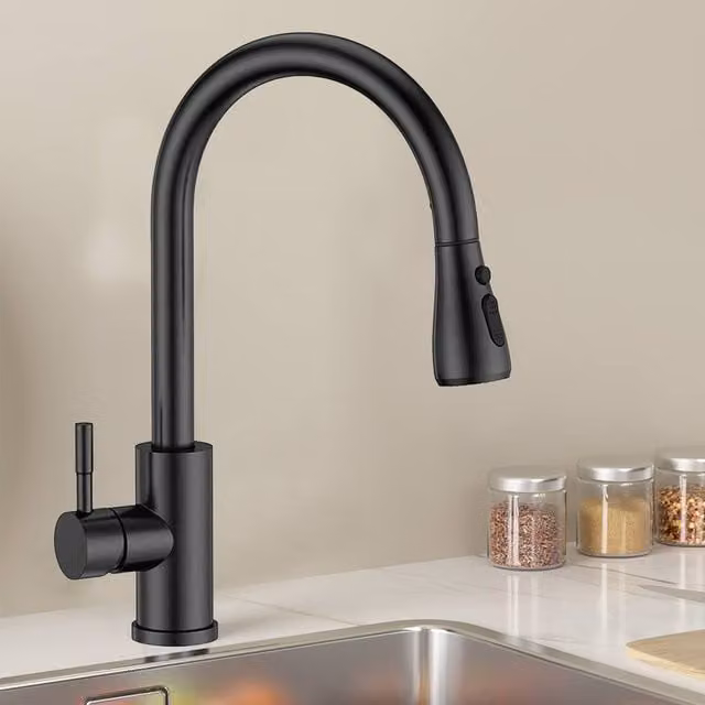 Kelvenix Black Single Lever Kitchen Sink Mixer Tap with 360 Degree Rotation, Pull Out Spout and Spray Function – 1