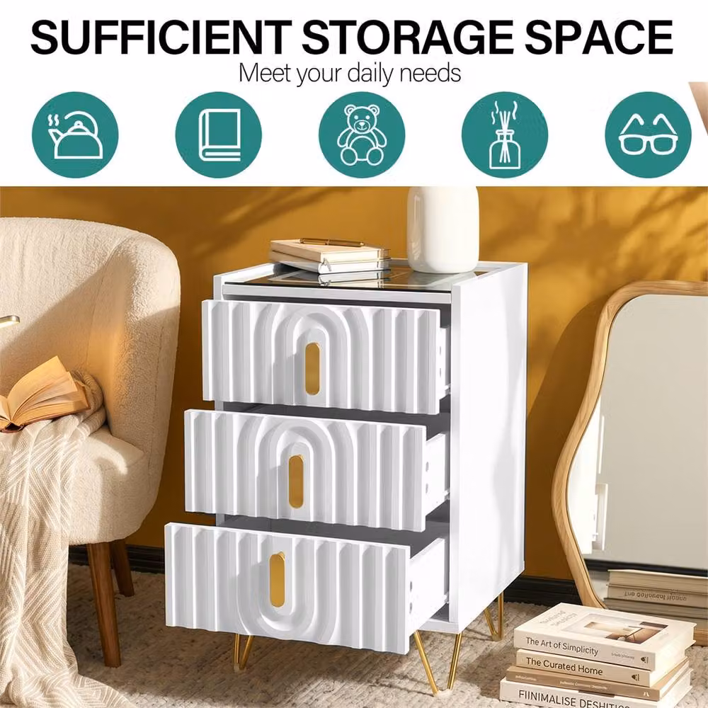 SPETLEK Modern LED Bedside Cabinet with Drawers in White – 3