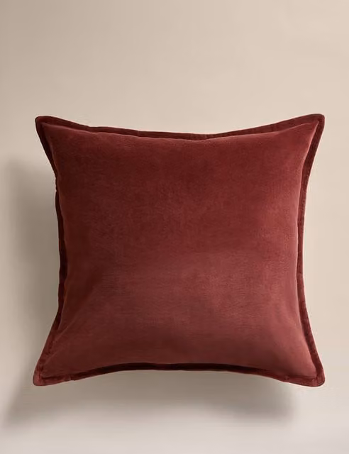 M&S Pure Cotton Velvet Square Cushion in Chestnut Brown with Removable Cover and Feather Filling