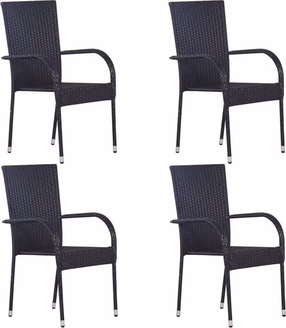 Berkfield Home Set of 4 Stackable Outdoor Armchairs in Black Poly Rattan and Powder Coated Steel – 1