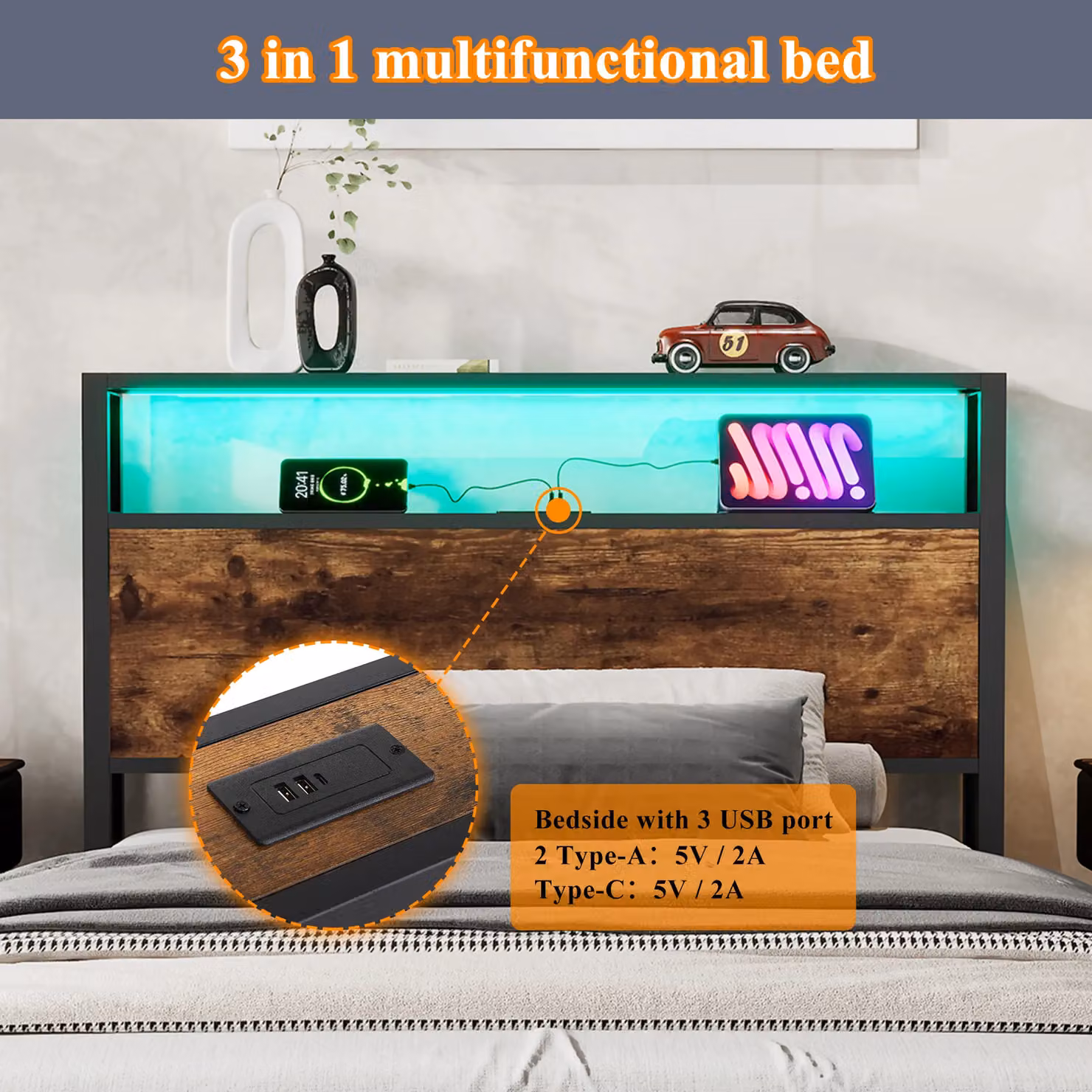 Matteo Metal Single Bed in Black with LED Light Strip, Storage Drawer and USB/Type C Ports, W/D/H: 90 x 190 x 105 cm – 7