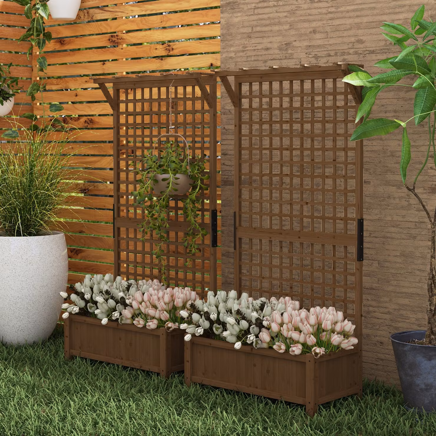 Outsunny 2 Piece Brown Wooden Raised Bed Set with Trellis and Drainage Holes for Vegetables and Flowers, W/D/H: 183 x 90 x 45 cm – 2
