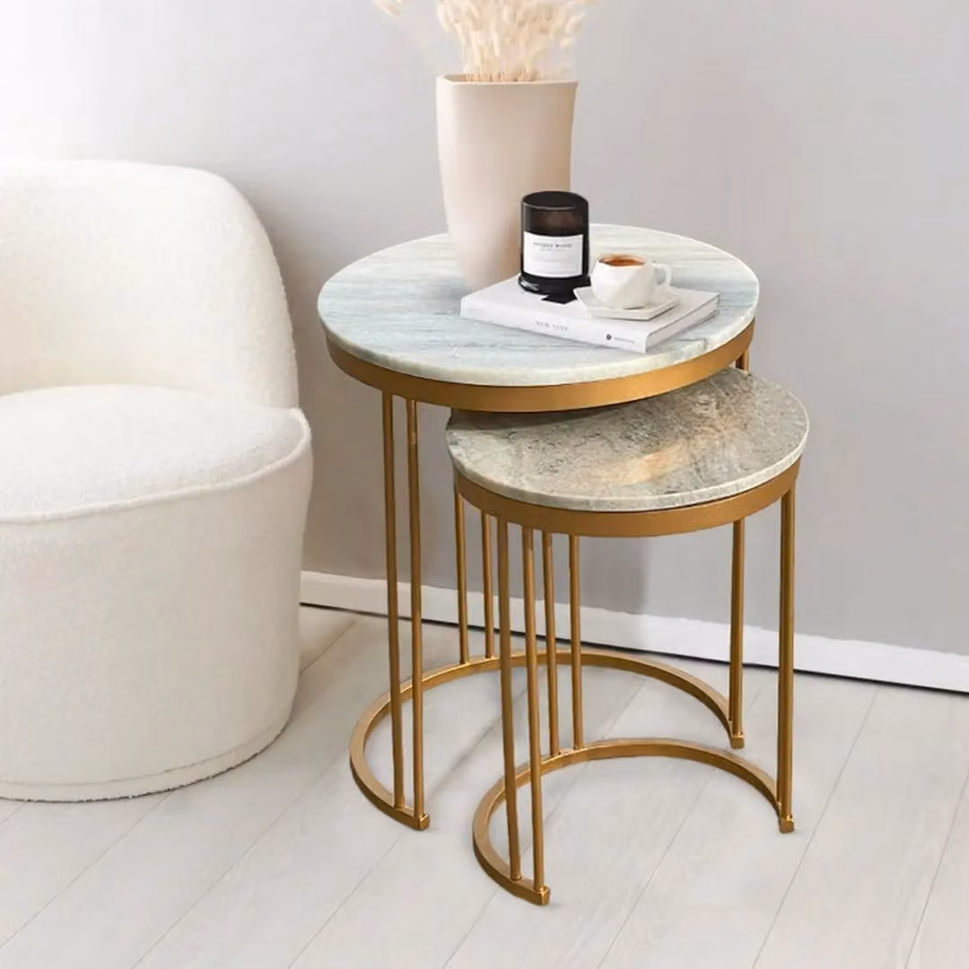 Jaipur Furniture Ltd Ravi Marble Nest of 2 Tables in Grey Mango Wood and Iron, W: 42 cm, D: 42 cm, H: 49 cm – 2
