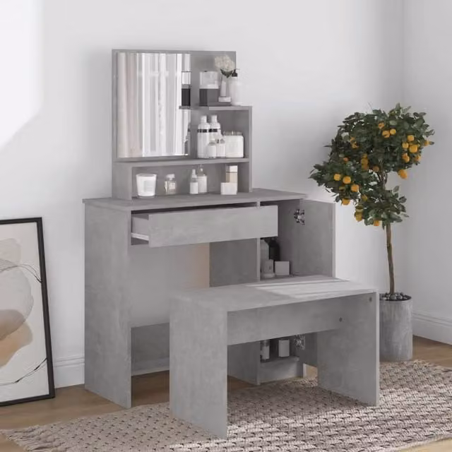 Berkfield Home Beautiful Dressing Table with Mirror in Concrete Grey, W: 86.5 cm, D: 35 cm, H: 136 cm – 1