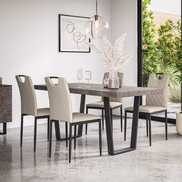 More4Homes Aria Dining Set with Concrete Effect Rectangular Table and 6 Monza Linen Chairs in Beige