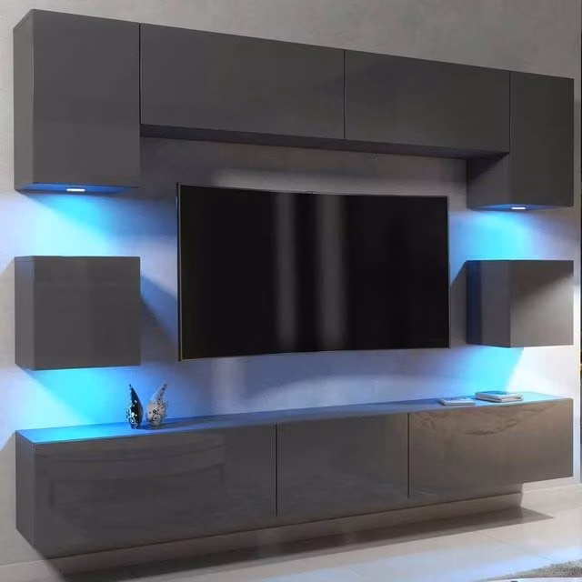 FORGEVIO Modern Grey Glossy MDF TV Unit with Integrated LED Lighting