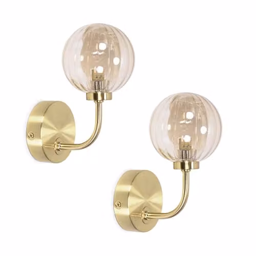 ValueLights Pair of Gold Metal Curved Stem Wall Lights with Amber Ribbed Glass Globe Shades and LED Bulbs – 1