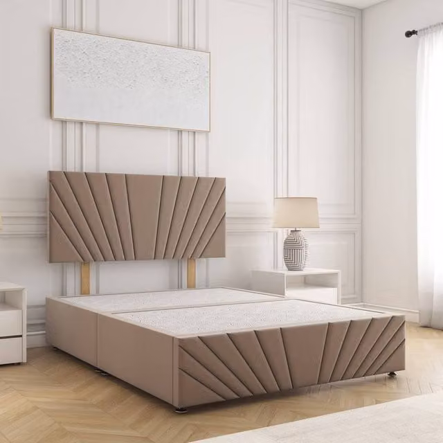 BSSPOKE Rose Plush Velvet Single Divan Bed Set with 24 inch Headboard in Beige, W/D/H: 90 x 190 cm