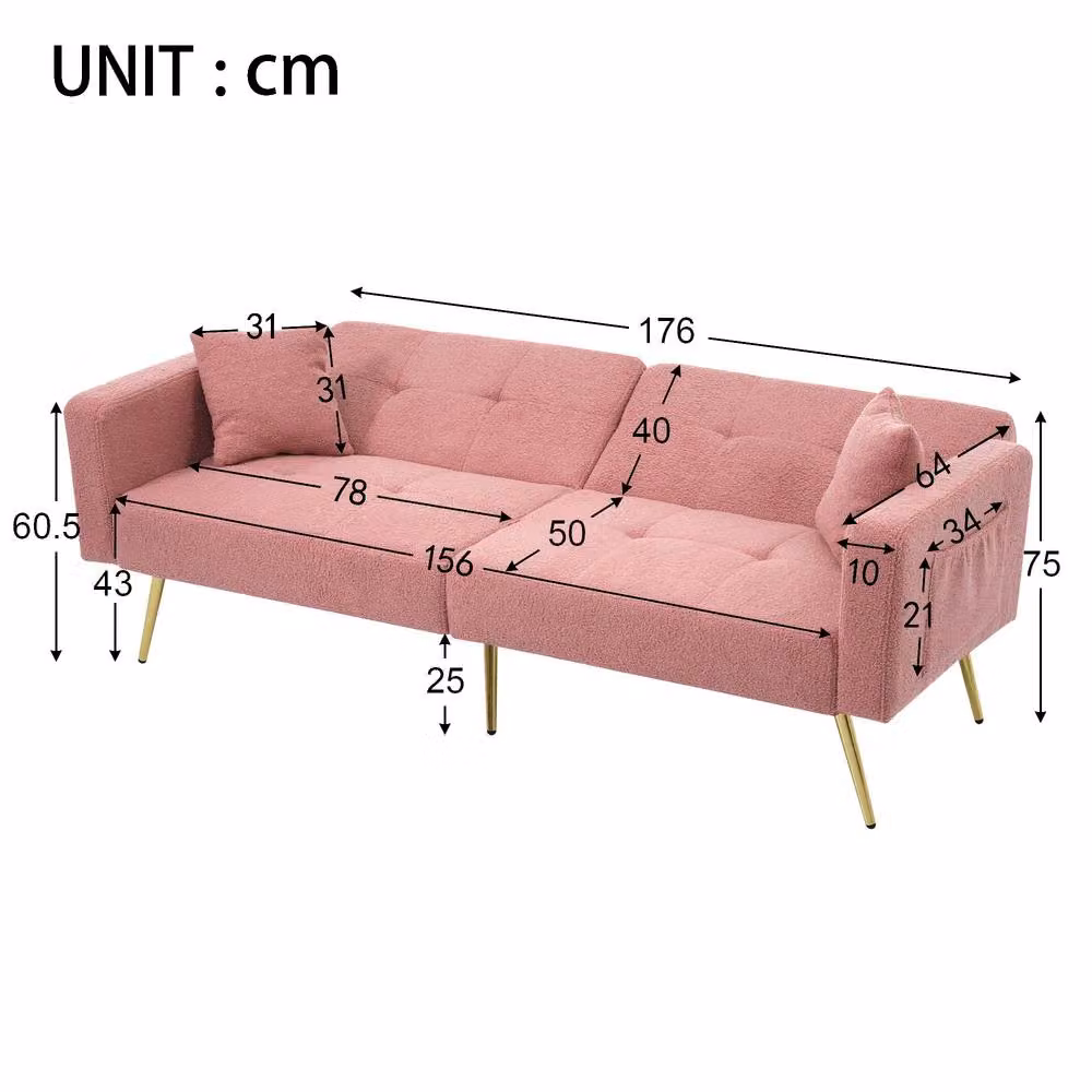 ModernLuxe Pink Bouclé Fabric Click-Clack Sofa Bed with Solid Wood Frame and Scatter Cushions – 2