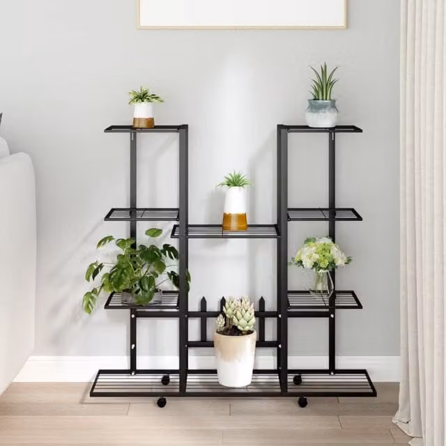 Berkfield Home Black Iron Flower Stand with Wheels, W/D/H: 94.5 x 24.5 x 91.5 cm