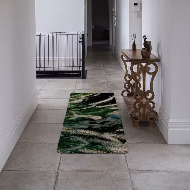 Benjamin Tate Design LTD Green Designer Runner Rug with Floral Cat Tail Grass Pattern and Non-Slip Faux Fur Texture