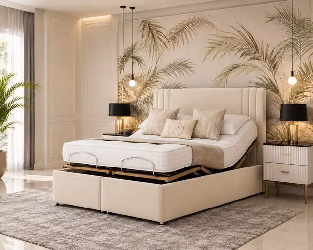 K Mehmood Enterprise Ltd Modern Upholstered Senior Bed with Head and Footboard in Beige and Silver