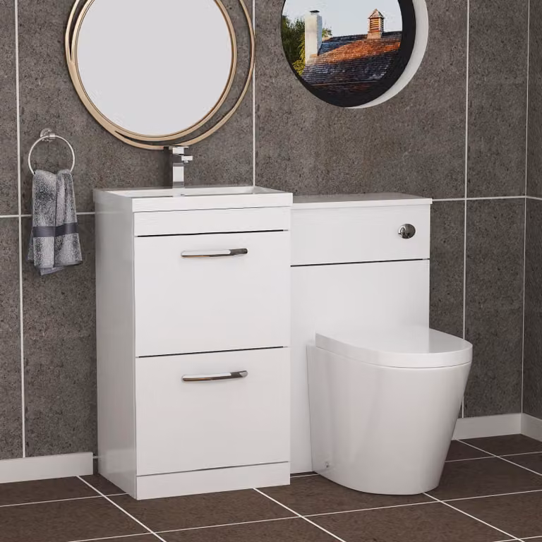 Royal Bathrooms Turin 1000mm Gloss White 2-Drawer Mid-Edge Basin and Cesar Back to Wall Toilet Pack