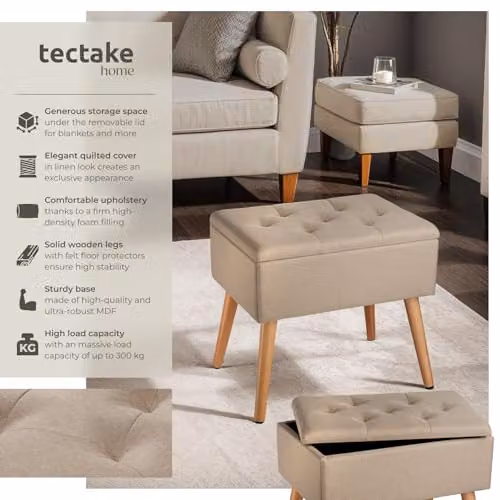 tectake Ranya Upholstered Storage Bench with Removable Top Pad in Sand – 3