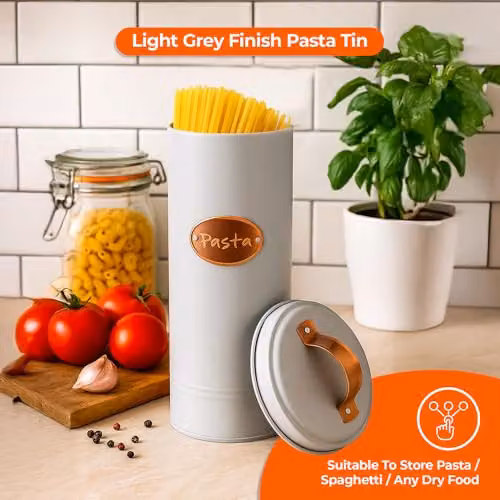 Novel Solutions Retro Round Pasta and Spaghetti Canister with Lid, Grey/Copper, Dia: 11.0 cm, H: 27.0 cm – 3