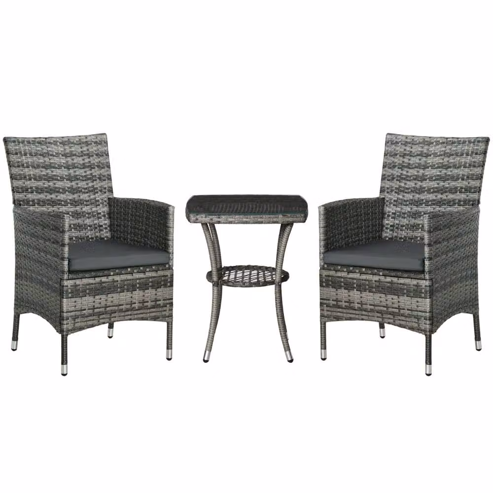 Wyld Haus Sami 3 Piece Rattan Bistro Set in Mixed Grey with 2 Chairs and 2 Tier Table – 2