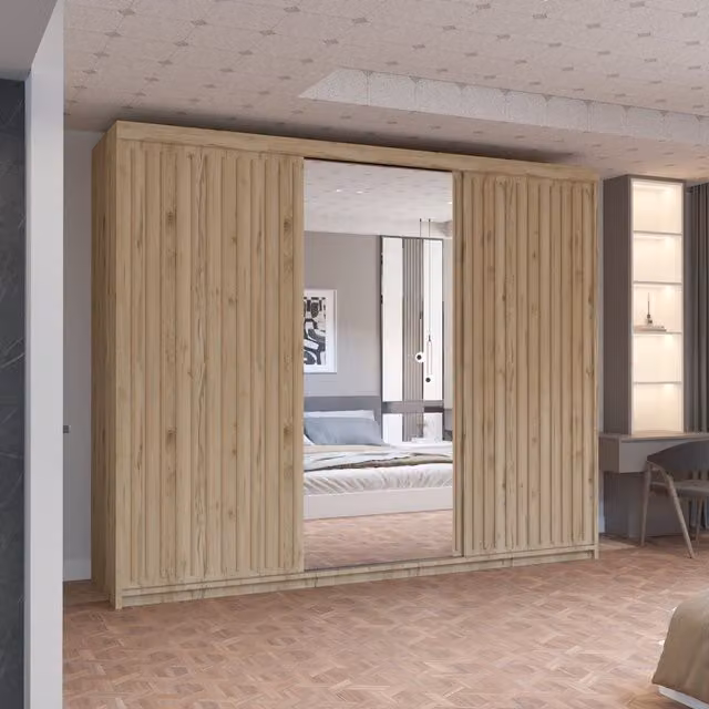 MN Furniture Reno 3 Sliding Door Wardrobe with Mirror and LED Light in Oak, W: 250 cm, H: 217 cm