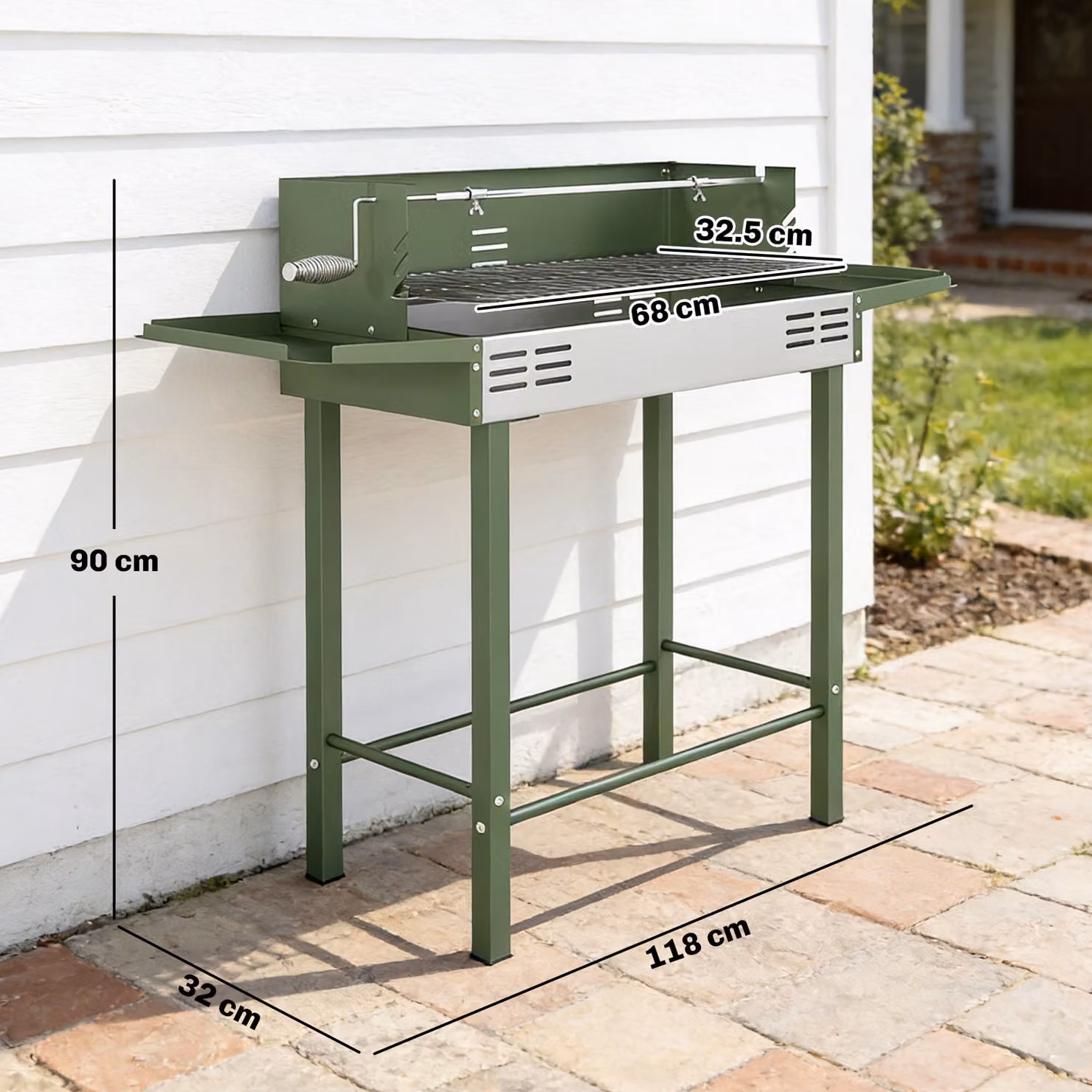 Outsunny Charcoal Rotisserie BBQ Grill with Stainless Steel Spit Roaster and Side Shelves, Dark Green, W/D/H: 118 x 90 x 90 cm – 3
