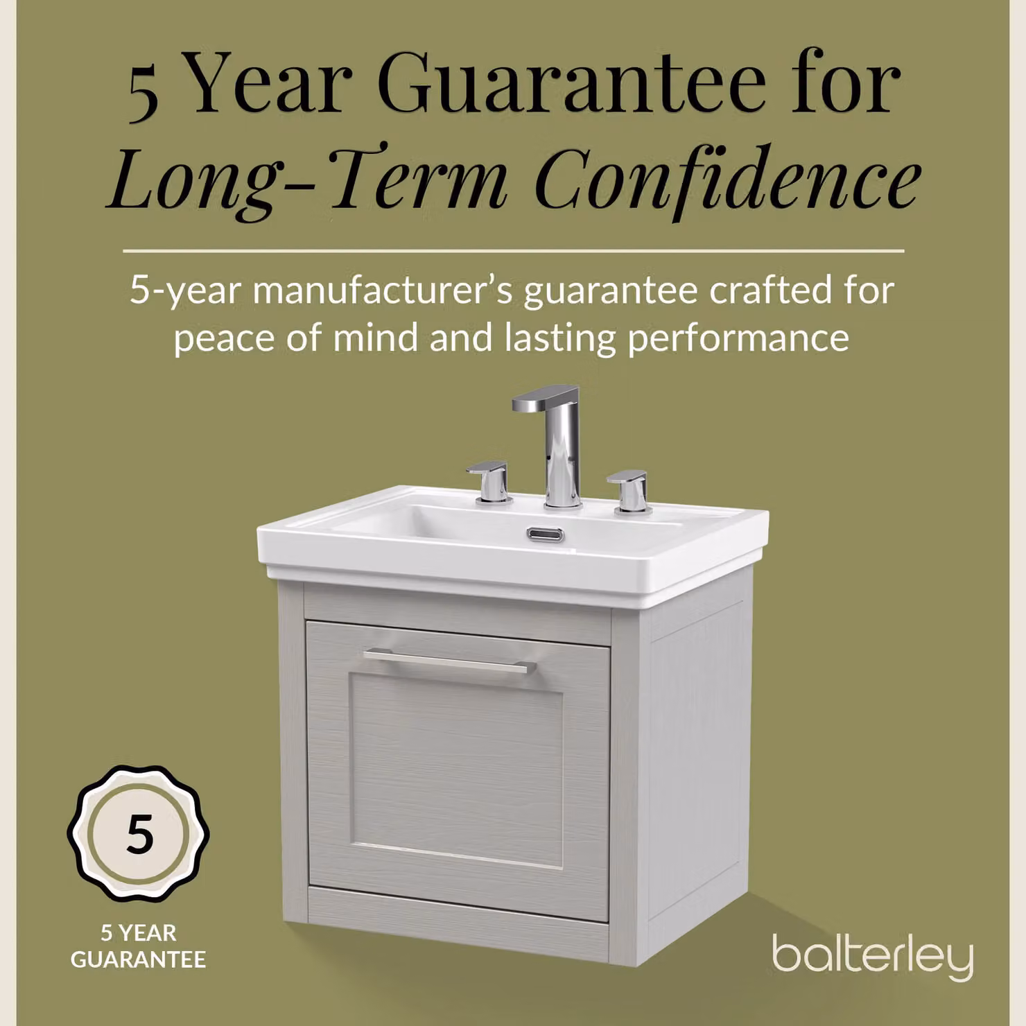 Balterley Wall Hung 1 Drawer Vanity Unit and 3TH Fireclay Basin, Grey, Width: 50 cm – 4