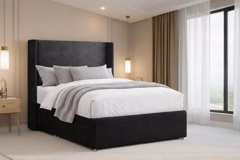 Nexus Mattresses Ltd Portofino Plush Divan Bed Base with 54 inch Winged Headboard, Black Velvet Fabric, Super King, W/D/H: 200 x 180 x 160 cm