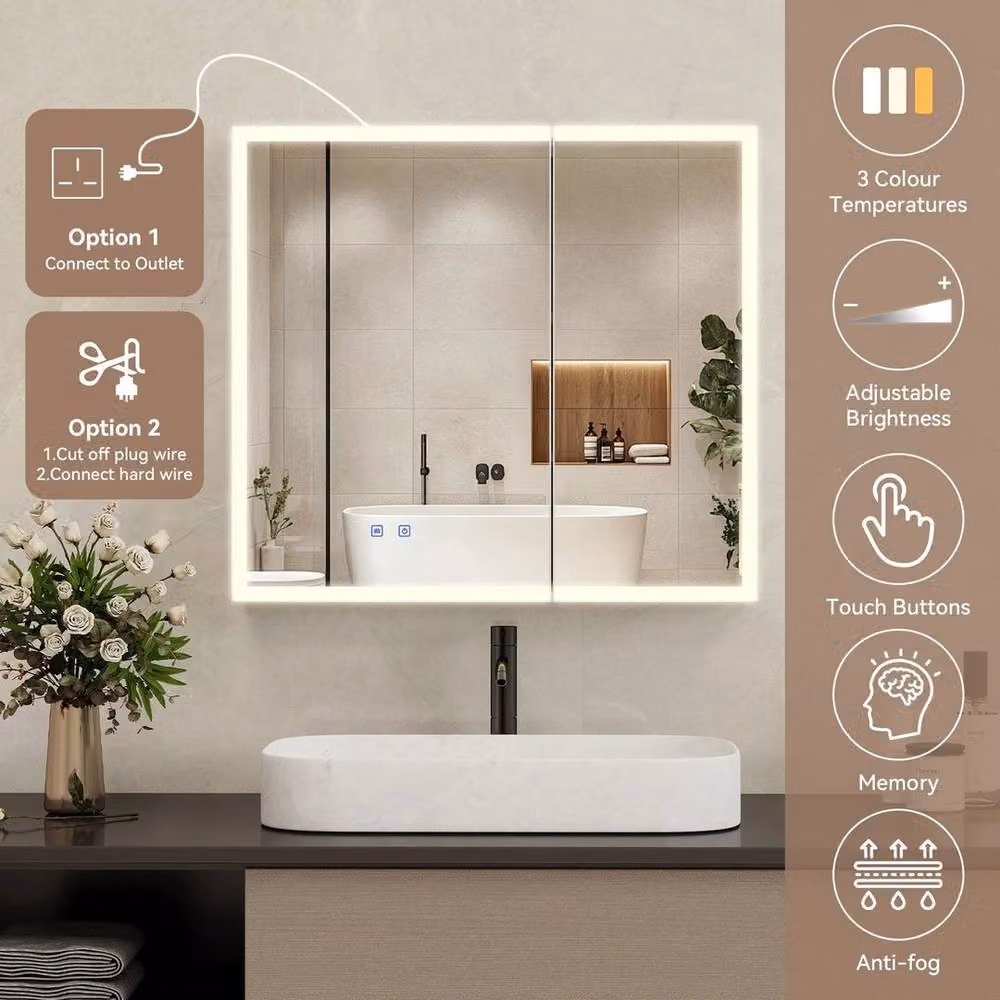 FLAVORA LED Bathroom Mirror Cabinet with Charging Station and Internal Shelves, White – 3