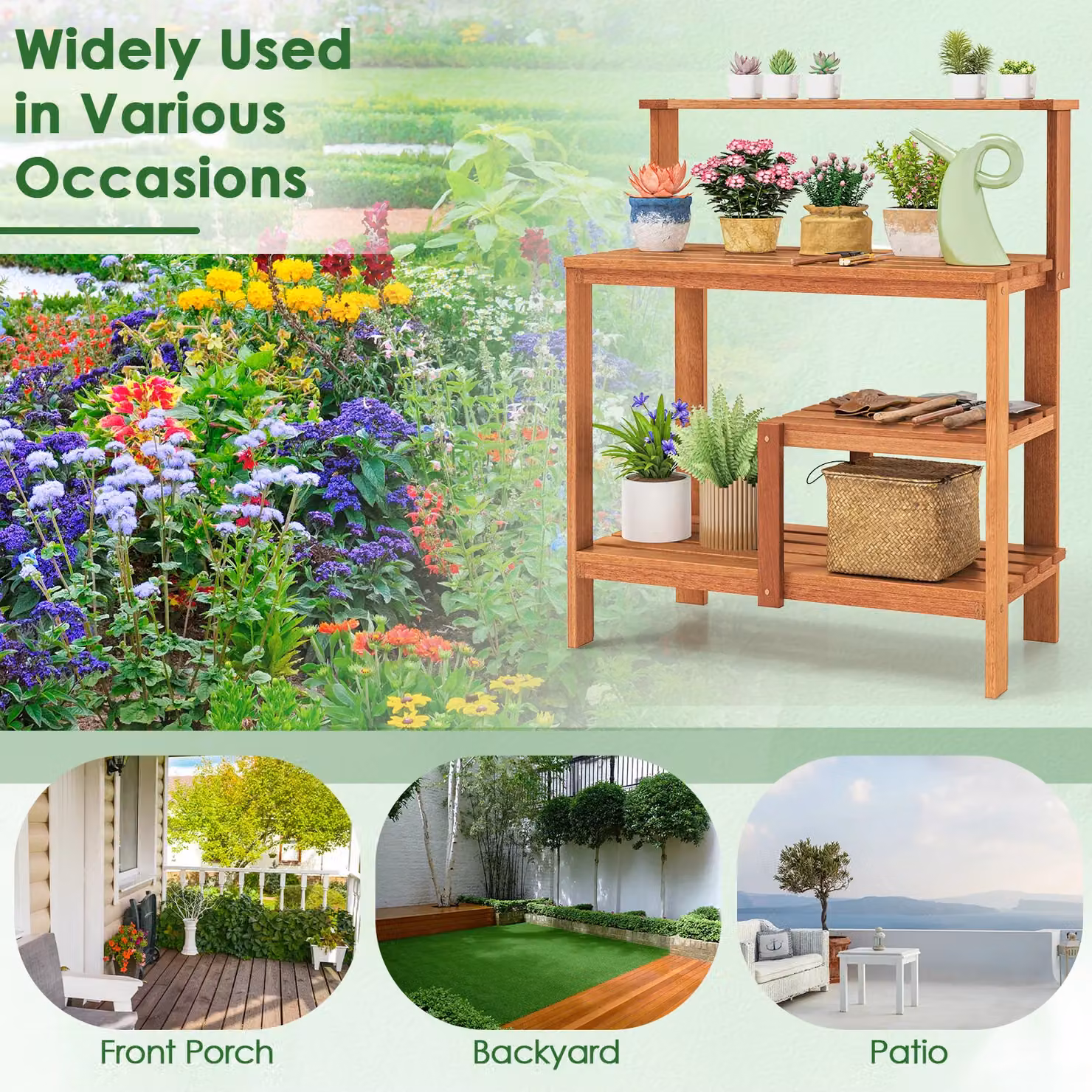 Gymax Rustic Wood Garden Potting Bench Table and Planting Workstation with Open Shelves in Brown – 4