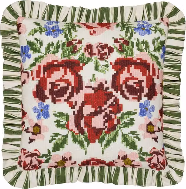 Feeoni Ruffled Cotton Cushion in Willow Green and Multicolour Floral Design