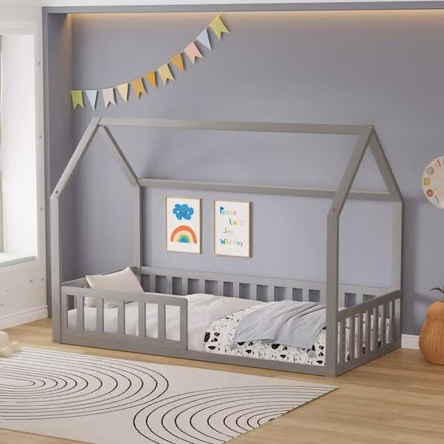 WestWood Solid Wood House-Shaped Montessori Toddler Bed Frame with Half-Length Guard Rail, Single, White or Grey, 90 x 190 cm