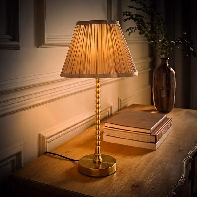 Maeve Brushed Gold Bobble Table Lamp with Pleated Scallop Shade and LED Bulb in Grey and Gold