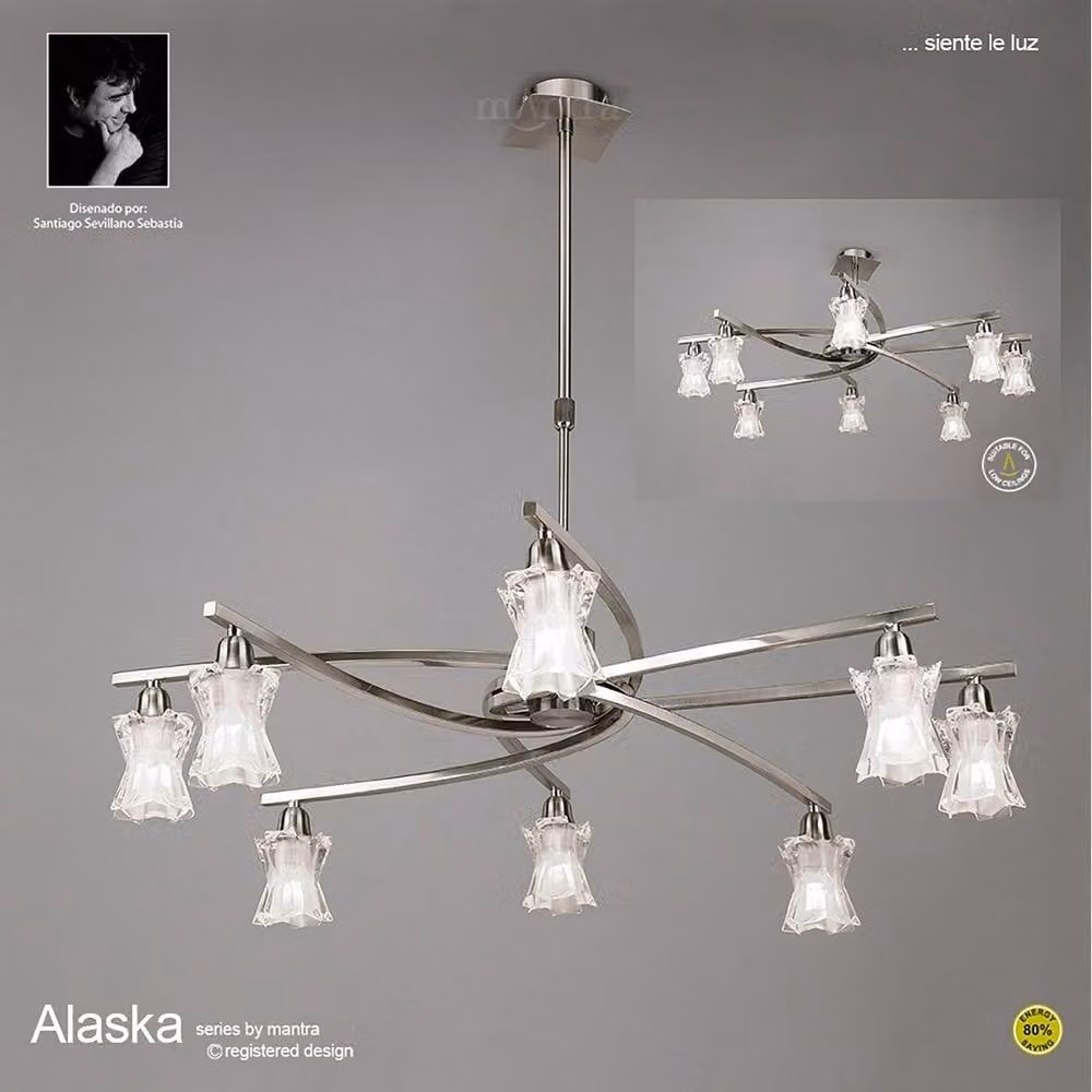Netlighting Alaska 8 Light Convertible Pendant or Semi Flush Ceiling Light in Grey and Satin Nickel with Glass Shades – 2