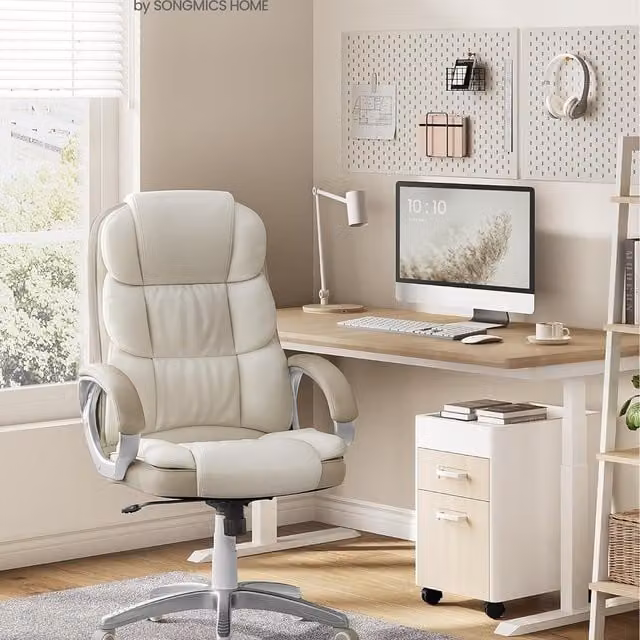 SONGMICS Ergonomic White Synthetic Leather Gaming and Executive Office Chair with Headrest and Armrests