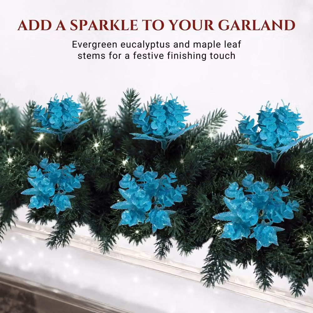 Shatchi 12 Pack Glitter Eucalyptus and Maple Leaf Picks in Light and Dark Blue, Height: 17 cm – 5