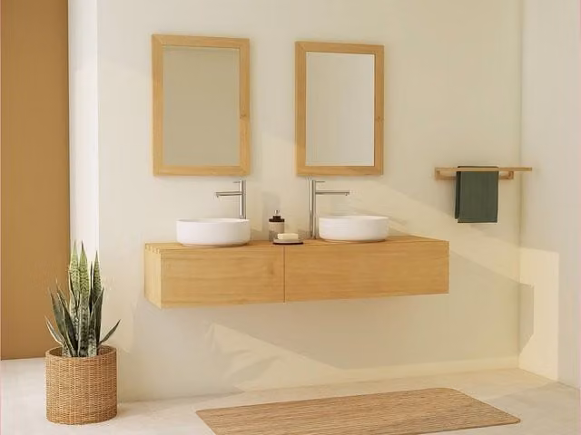 Vente-unique Wall-Mounted Mindi Wood Bathroom Vanity Unit with Double Round Sinks in Light Oak