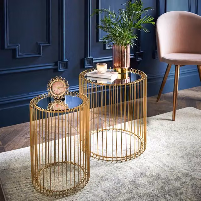 Spot On Dealz Set of 2 Modern Round Nested Tables with Glass and Metal Tops in Gold and Black