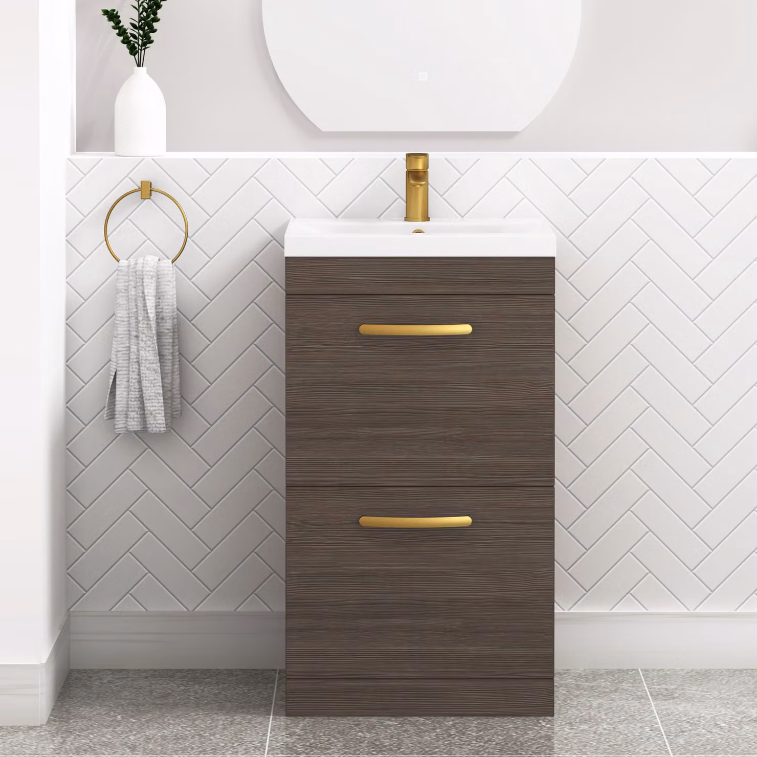 Royal Bathrooms Turin 500mm Floor Standing Grey Elm 2 Drawer Mid-Edge Basin Vanity Unit with Brushed Brass Handle